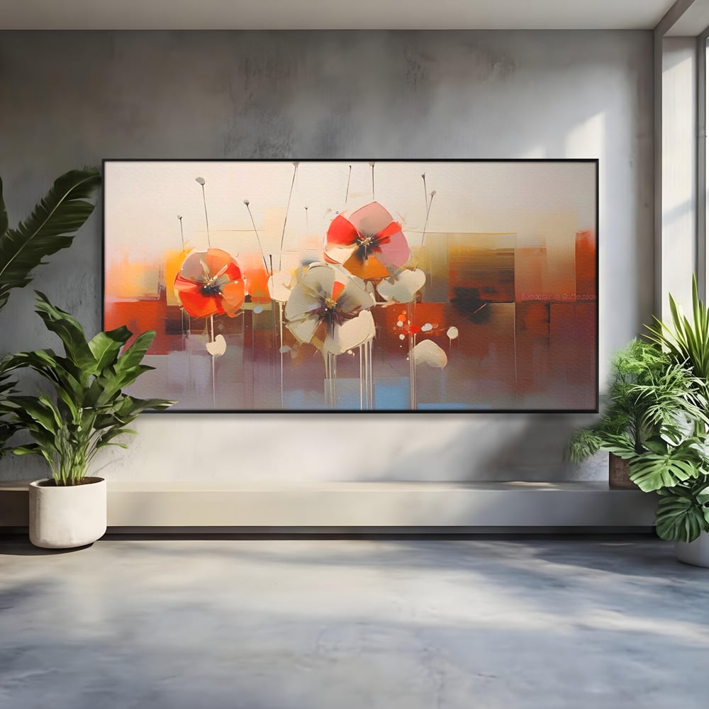 Tablou canvas cu tablou canvas cu pictura florala abstracta, in rama de aluminiu negru